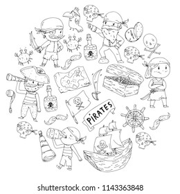 Coloring book with pirates. Pirate sea party background for children, little kids. Travel and adventure. Ship, treasure island with boys and girls wearing pirate costumes.