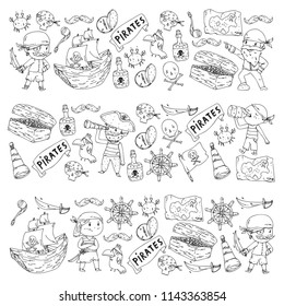 Coloring book with pirates. Pirate sea party background for children, little kids. Travel and adventure. Ship, treasure island with boys and girls wearing pirate costumes.