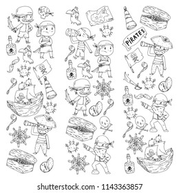 Coloring book with pirates. Pirate sea party background for children, little kids. Travel and adventure. Ship, treasure island with boys and girls wearing pirate costumes.