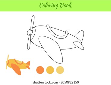Coloring book plane for children. Educational activity page for preschool years kids and toddlers with transport. Printable worksheet. Cartoon colorful vector illustration.