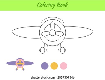 Coloring book plane for children. Educational activity page for preschool years kids and toddlers with transport. Printable worksheet. Cartoon colorful vector illustration.