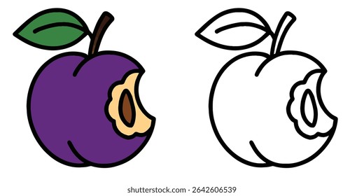 Coloring book of a plum with a bite taken out, on white background outline vector illustration