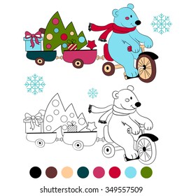 Coloring book polar bear on bike with new year tree and gifts , kids layout for game . Vector illustration. 