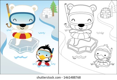 Coloring book of polar bear with penguin wearing diving equipment in cold river