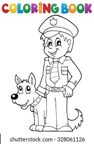 Coloring book policeman with guard dog - eps10 vector illustration.