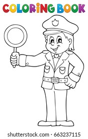 Coloring book policeman holds stop sign - eps10 vector illustration.