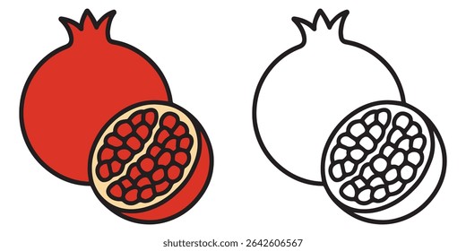 Livro de colorir de uma romã aberto com sementes mostrando na linha de fundo branca ilustração vetor arte