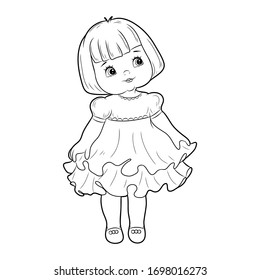 Coloring book for preschool children and schoolchildren. Vector illustration. Cute girl in a dress