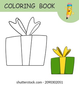 Coloring book with Present Box. Colorless and color samples Christmas or or Birthday Box on coloring page for kids. Coloring design in cartoon style. Black contour silhouette with sample for coloring.