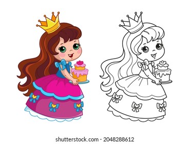 Coloring book with a princess in a beautiful pink fluffy dress holding a cake. Set with girl and black line coloring. Vector illustration with a coloring task and an example for children.