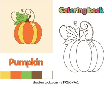 Coloring Book Pumpkin. Vector illustration of a pumpkin outline for children to color. Finished coloring book with orange fall vegetable.