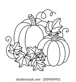 Coloring book with pumpkins and leaves. Outline drawing. Vector illustration.