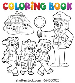 Coloring book pupils and policeman - eps10 vector illustration.