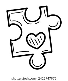 Coloring book puzzle piece with heart doodle. Game of love. Hand drawn vector illustration.