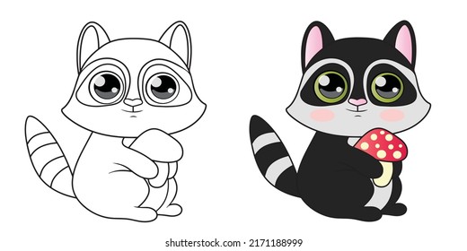 Coloring book raccoon with mushroom,Vector illustration color and black and white,Clipart raccoon,Sticker raccoon.