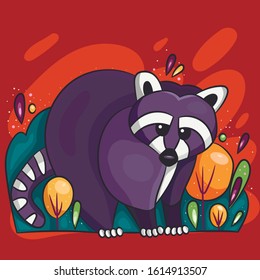 coloring book with raccoon in plants, coloring book with forest animals, wildlife