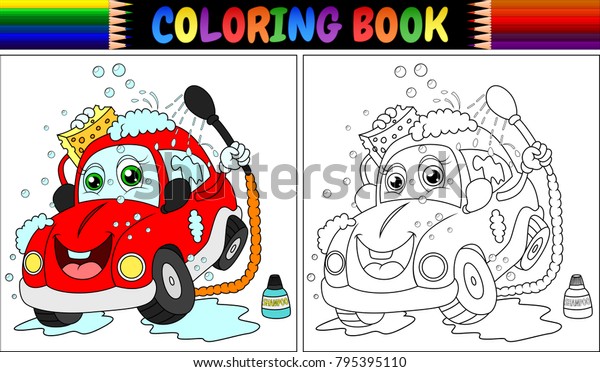 Coloring book with red\
cartoon car washing 