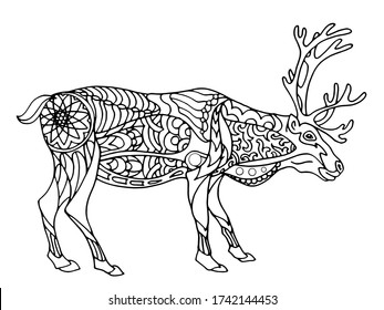 Coloring book with reindeer. Drawing of an animal. Hand-drawn coloring book for children and adults. Beautiful drawings with patterns and small details. See more coloring pages in the collections. Vec