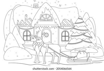 Coloring book. Reindeer with a sleigh and a bag of festive surprises on the background of a fabulous house and a decorated Christmas tree. Delivery of gifts for Christmas, New Year.