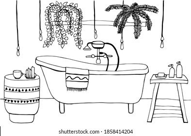 Coloring book with retro bathroom in boho style. House plants, vintage bath, mixer tap, small tables, towel, lamps, bottles with shampoo and shower gel.