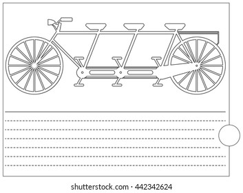 Coloring book with retro bicycle and place for text. Vector image.