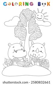 Coloring book of rhino and hippo under tree, vector catoon illustration