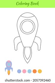 Coloring book rocket for children. Educational activity page for preschool years kids and toddlers with transport. Printable worksheet. Cartoon colorful vector illustration.