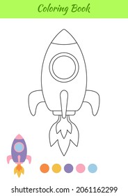 Coloring book rocket for children. Educational activity page for preschool years kids and toddlers with transport. Printable worksheet. Cartoon colorful vector illustration.