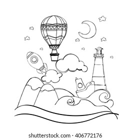 Coloring book. rocket, mountain, moon and stars, cloud, boat, wave, lighthouse, air balloon. vector illustration