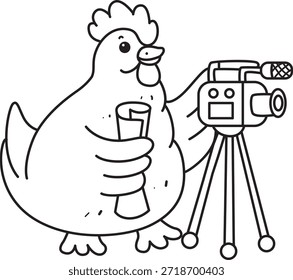 Libro para colorear del icono de la etiqueta engomada del pollo gallo. Video Esquema de gallina gallo haciendo por cámara