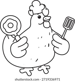 Libro para colorear del icono de la etiqueta engomada del pollo gallo. Esquema de Pollo Gallo quiere cocinar huevo