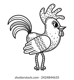 Coloring book rooster sketch. Cute funny bird. Hand drawn vector illustration.