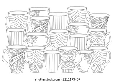 A coloring book with rows of ornate decorated cups. Mugs with zentangle fancy pattern, stripes. A black and white outline adult colouring page with a bunch of teacups. Hand-drawn vector illustration