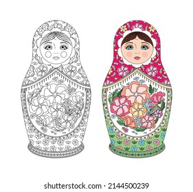 Coloring book. Russian Doll. Pretty Matryoshka doll with Flowers on Dress and Scarf. Floral Pattern. Black White Color Contour Line style. Before After. Print. White background. Vector illustration.