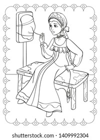Coloring book of russian fairy tale about girl spins yarn