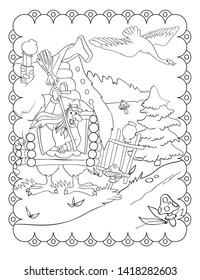 Coloring book of russian fairy tale about Baba Yaga and hut