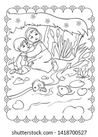Coloring book of russian fairy tale about sister and brother are hiding