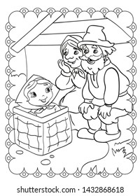 Coloring book of russian fairy tale girl in the box with grandparents