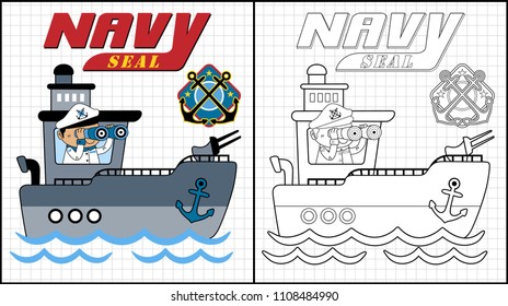 Coloring book of sailor cartoon use binocular on gunboat