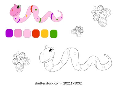 Coloring book with sample. Cute worm and butterflies. Vector illustration