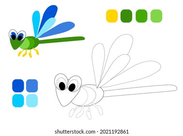 Coloring book with sample. Dragonfly for children. Vector illustration