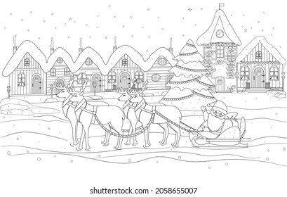 Coloring book. Santa Claus is carrying a bag of gifts on a sleigh with reindeer. A fabulous, magical town with houses, a Christmas tree on the street, a square. Christmas, New Year's drawing.