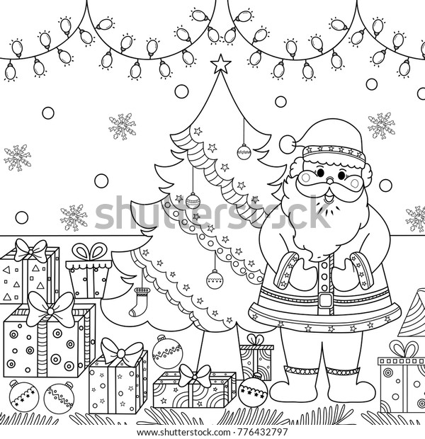 Coloring Book Santa Claus Christmas Tree Stok Vektor Telifsiz 776432797