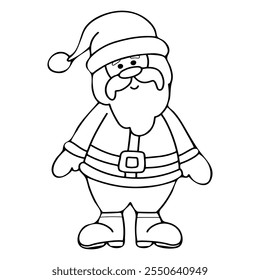 Libro para colorear de Santa Claus dibujado a mano. Lindo personaje. Felices fiestas. Alegría festiva. Evento de celebración. Ilustración de arte de contorno de Vector. Página para niños y adultos.