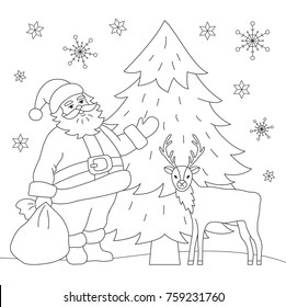 Coloring book Santa and deer. Vector illustration.
