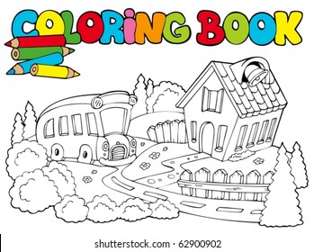 Coloring book with school and bus - vector illustration.