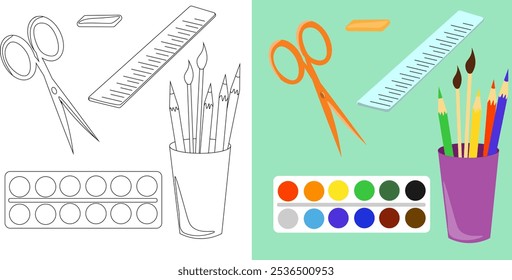 coloring book, school supplies, ruler, eraser, colored pencils in a glass for school