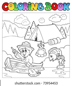 Coloring book with scout in boat - vector illustration.