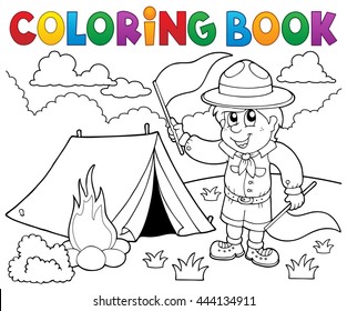 Coloring book scout boy with flags - eps10 vector illustration.