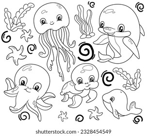 Coloring book, sea animals, inhabitants of the sea. set of vector elements
